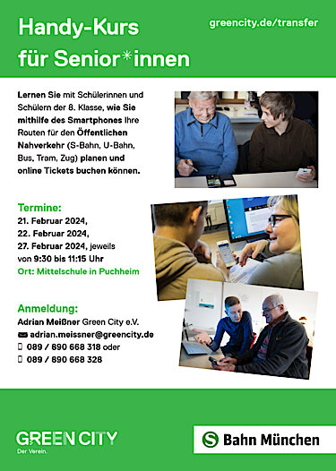 Green City und Mittelschule Puchheim Kooperationsprojekt transfer für Seniorinnen und Senioren Plakat